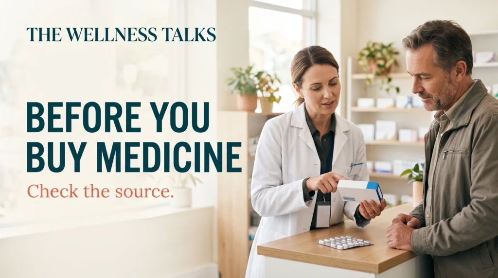 A pharmacist and customer examine a medicine carton and blister pack beside the words Before You Buy Medicine.