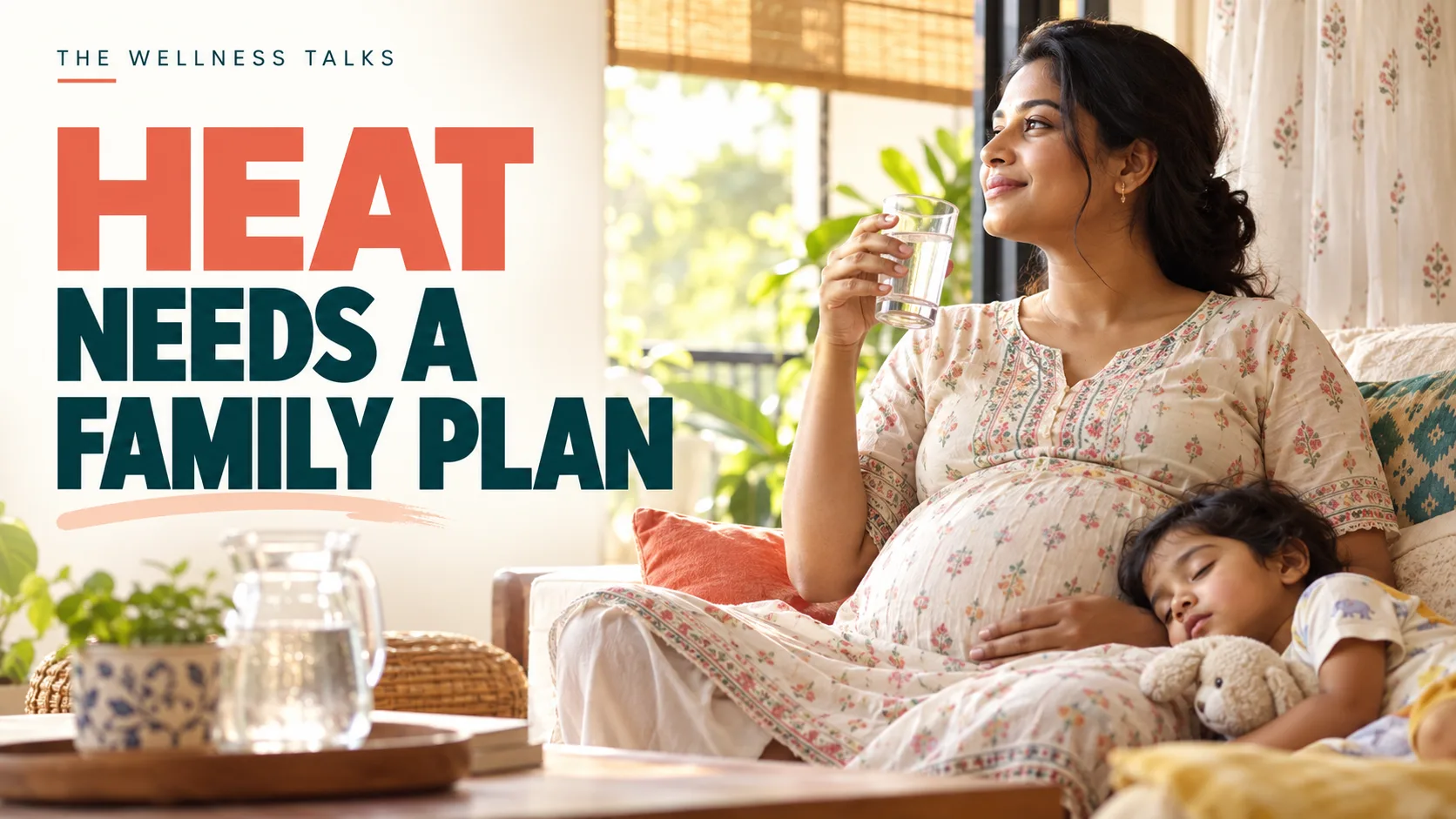 Pregnant woman drinking water beside a resting child with the headline Heat Needs a Family Plan.