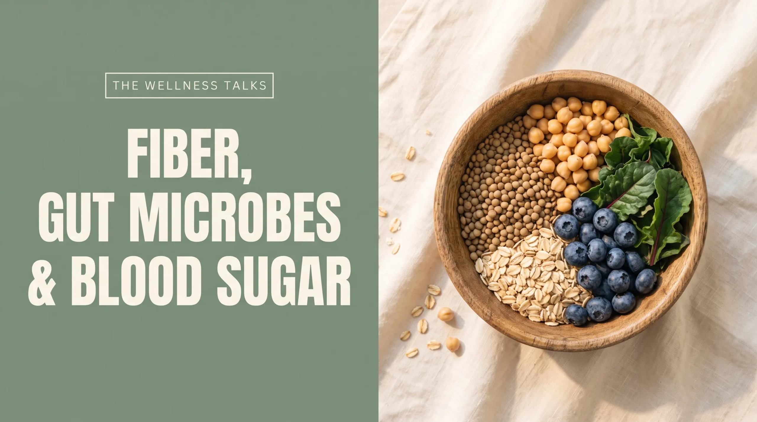 The Wellness Talks blog thumbnail showing a wooden bowl of lentils, chickpeas, oats, blueberries, and greens beside the headline Fiber, Gut Microbes & Blood Sugar.
