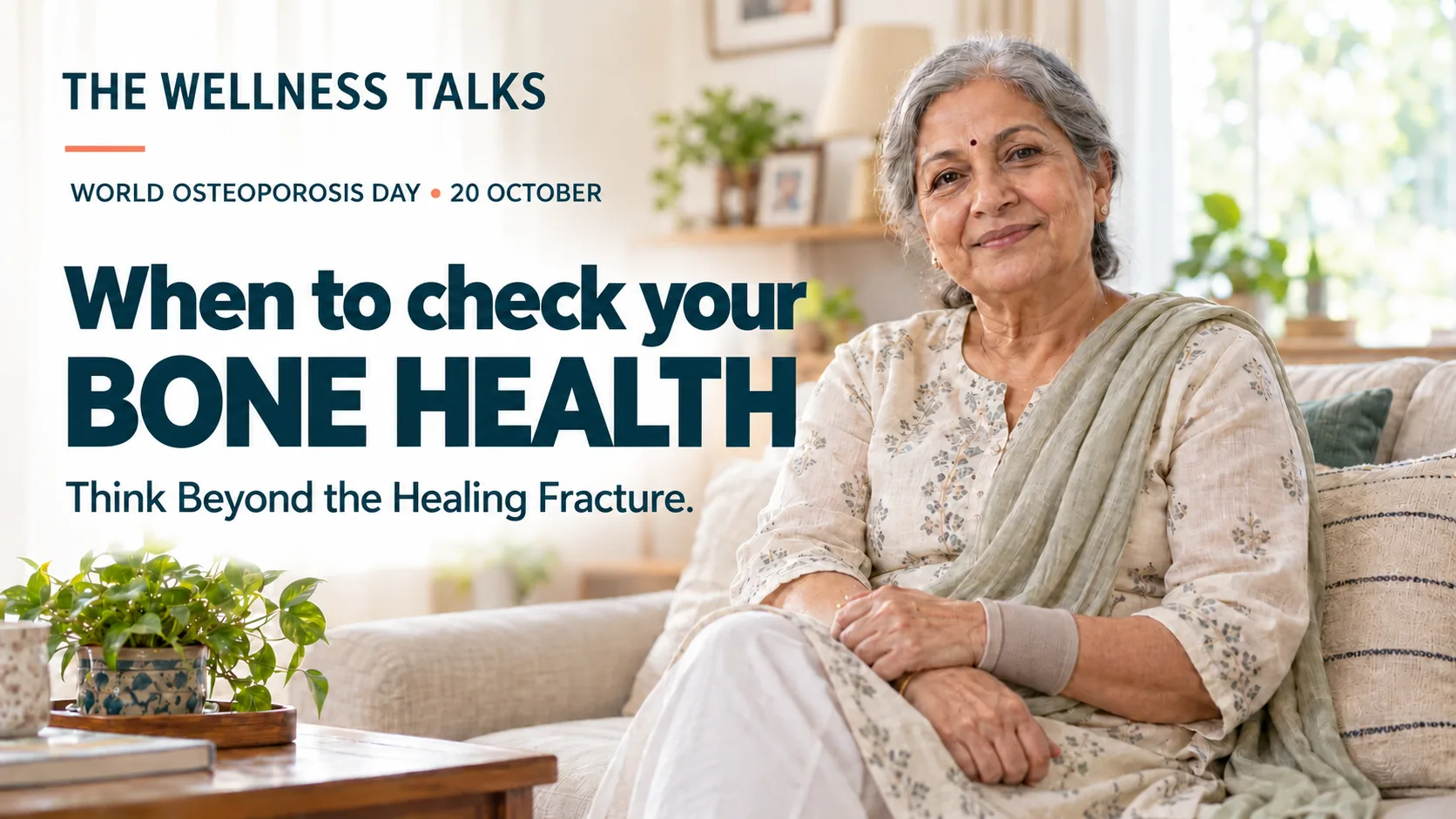 An older woman wearing a wrist support sits at home beside a headline about checking bone health after a small fall.