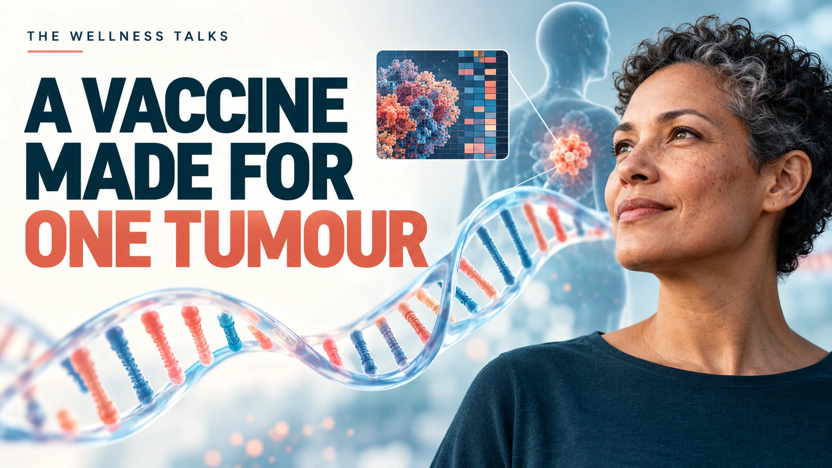Adult patient beside an mRNA illustration with the headline A Vaccine Made for One Tumour.